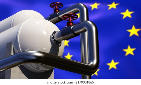 Gas Industry. Gas Supplies To European Union. EU Symbol With Fuel Equipment. Supply Of Liquefied Natural Gas To Europe. Concept Importing Energy Resources To Europe. Blurred EU Flag. 3d Image