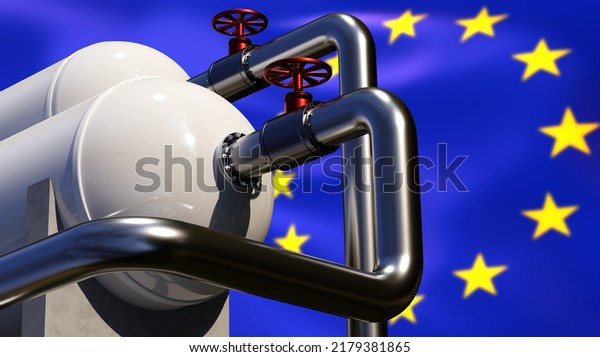 Gas industry. Gas supplies to European Union. EU
symbol with fuel equipment. Supply of liquefied natural gas to
Europe. Concept importing energy resources to Europe. Blurred EU
flag. 3d image
