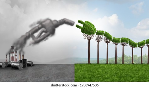 Gas Nozzle And Green Electric Car Idea Or EV Or Renewable Vehicle Eco Energy To Save The Environment With A Plant As A Plug As Alternative Natural Fuel For Clean Air With 3D Illustration Elements.