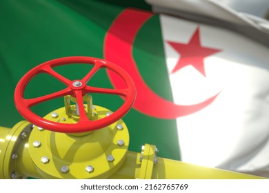 Gas Or Oil Pipe Valve And Flag Of Algeria. Conceptual  3D Rendering