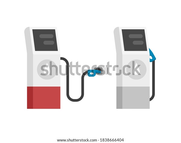 Gas petrol fuel station modern isolated flat\
cartoon illustration, gasoline auto refill oil pump gray red color\
clipart design image