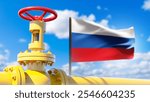 Gas pipe. Flag of Russia. Import of gas from Russian federation. Propane supply by pipe. Yellow pipeline with valve for import. Gas export from Russia. Oil pipeline under blue sky. 3d image