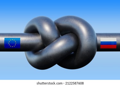 Gas pipeline between European Union and Russia is tied in a knot because of sanctions. 3D illustration