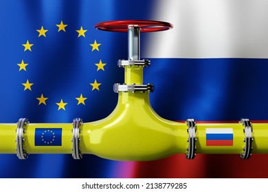 Gas Pipeline, Flags Of European Union And Russia - 3D Illustration