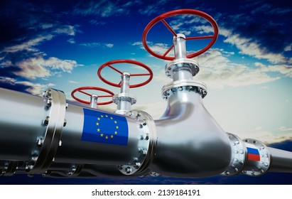 Gasfernleitung, Flaggen der Europäischen Union und Russlands - 3D-Illustration