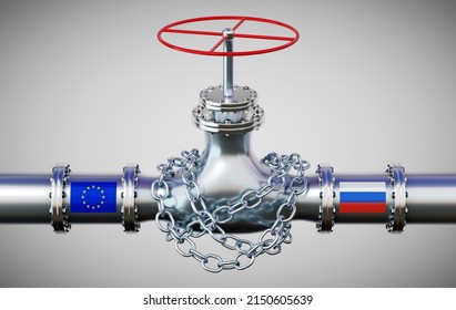 Gas Pipeline With Flags Of European Union And Russia, Chain - 3D Illustration