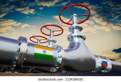 Gas Pipeline, Flags Of India And Russia - 3D Illustration