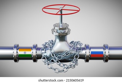 Gas Pipeline With Flags Of India And Russia, Chain - 3D Illustration