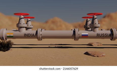  The Gas Pipeline With Flags Of Russia And India. 3d Rendering