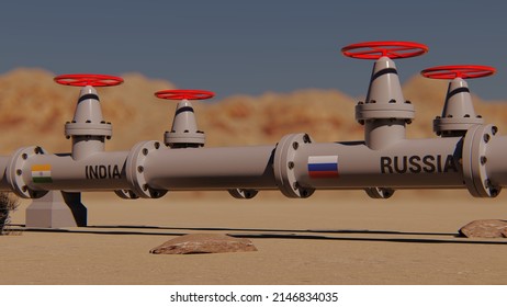  The Gas Pipeline With Flags Of Russia And India. 3d Rendering