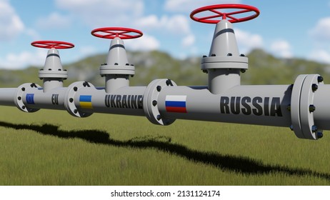 The Gas Pipeline With Flags Of Russia, Ukraine And EU. 3d Rendering