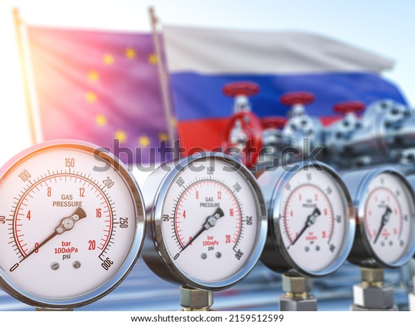 Gas pipeline with gauge with zero pression\
and EU European Union and Russia flags. Energy crisis and sactions\
concept. 3d\
illustration