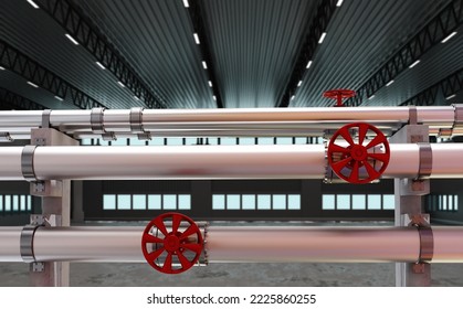 Gas Pipeline. Hangar With Steel Pipes. Factory Interior With Gas Pipes. Industrial Building With Pipeline. Gray Pipes With Red Valves. Concept Of Gas Supply For Production. 3d Rendering.