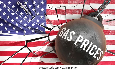 Gas Prices And USA America, Destroying Economy And Ruining The Nation. Gas Prices Wrecking The Country And Causing  General Decline In Living Standards.,3d Illustration