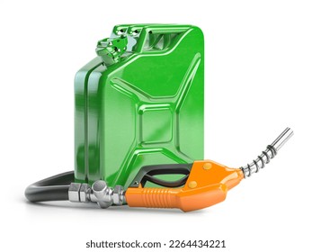 Gas pump nozzle and jerrycan isolated on  white background. 3d illustration
