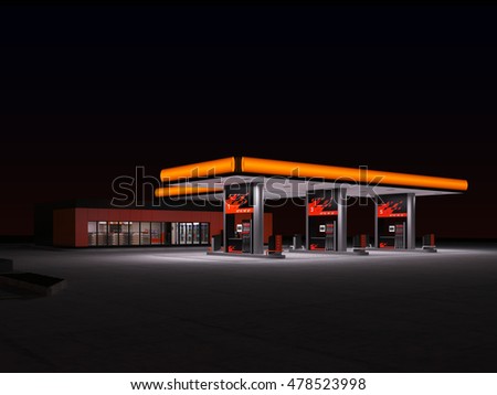 Gas refuel station. 3d render night view