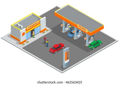 Gas Station, Petrol Station Isometric. Refilling, Shopping Service. Refill Station Cars And Customers. 