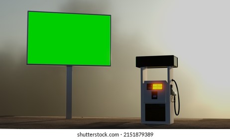 Gas Station And Street Sign With Green Screen. 3d Rendering Gas Pump Concept Illustration.