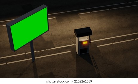 Gas Station And Street Sign With Green Screen. 3d Rendering Gas Pump Concept Illustration From Above.