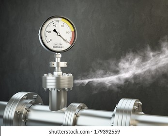 Gas Or Steam Leaking From An Industrial Pressure Gauge. 