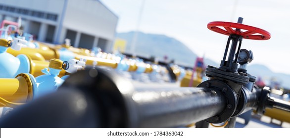 Gas Tap With Pipeline System At Natural Gas Station. Industry. 3D Illustration