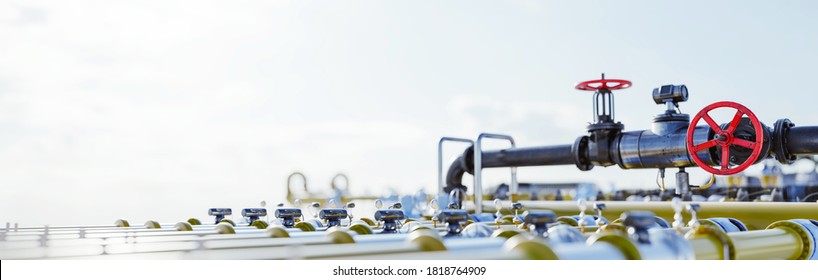 Gas Tap With Pipeline System At Natural Gas Station. Industry, 3D Illustration