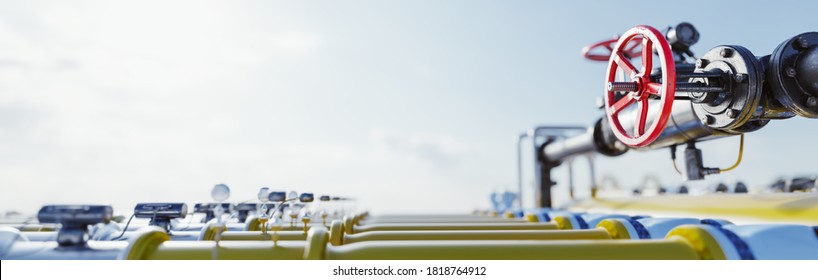 Gas Tap With Pipeline System At Natural Gas Station. Industry, 3D Illustration