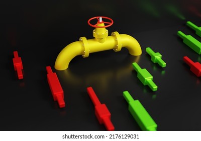 Gas Valve On A Yellow Pipe With A Graph Of The Rise And Fall Of Japanese Candlesticks, The Concept Of Political Tension In The World, 3D Rendering