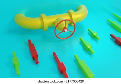 Gas Valve On A Yellow Pipe With A Graph Of The Rise And Fall Of Japanese Candlesticks, The Concept Of Political Tension In The World, 3D Rendering