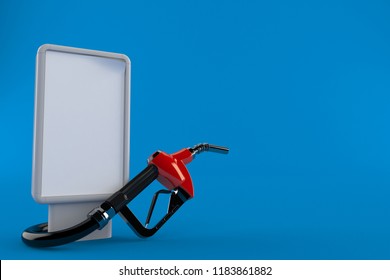 Gasoline Nozzle With Blank Billboard Isolated On Blue Background. 3d Illustration