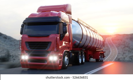 Gasoline tanker, Oil trailer, truck on highway. Very fast driving. 3d rendering.