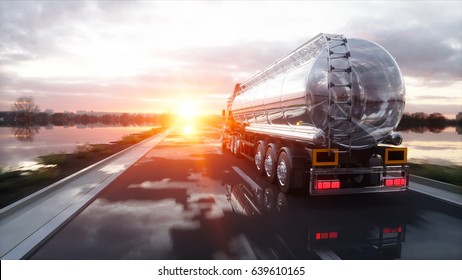 Gasoline tanker, Oil trailer, truck on highway. Very fast driving. 3d rendering.