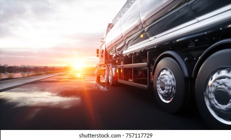 Gasoline Tanker, Oil Trailer, Truck On Highway. Very Fast Driving. 3d Rendering.