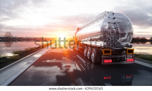 Gasoline tanker, Oil trailer, truck on\
highway. Very fast driving. 3d\
rendering.