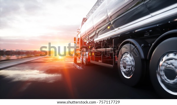 Gasoline tanker, Oil trailer, truck on\
highway. Very fast driving. 3d\
rendering.