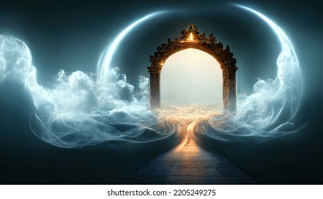 Gate In Dim Clouds In An Empty Room. Portal To Another World, Magical Realism, Parallel World, Ancient Runes, Relics. Gate To The Castle. 3d Render