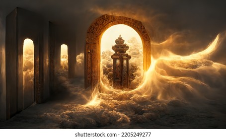 Gate In Dim Clouds In An Empty Room. Portal To Another World, Magical Realism, Parallel World, Ancient Runes, Relics. Gate To The Castle. 3d Render