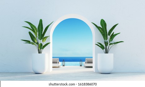 
Gate to the sea view & Beach living - Santorini island style / 3D rendering
