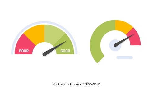 Gauge Dashboard Credit Score Level Icon Or Benchmark Speedometr Power Dial Flat Color Element Design, Risk Acceleration Pressure Meter, Tachometer Or Barometer Gage Indicator Clipart