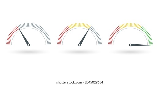 Gauge Or Meter Indicator Set. Speedometer Icon With Red, Yellow, Green Scale And Arrow. Progress Performance Chart. 