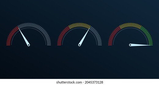 Gauge Or Meter Indicator Set. Speedometer Icon With Red, Yellow, Green Scale And Arrow. Progress Performance Chart. 