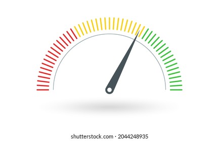 Gauge Or Meter Indicator. Speedometer Icon With Red, Yellow, Green Scale And Arrow. Progress Performance Chart. 