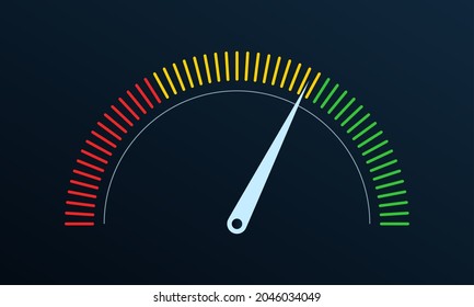 Gauge Or Meter Indicator. Speedometer Icon With Red, Yellow, Green Scale And Arrow. Progress Performance Chart. 