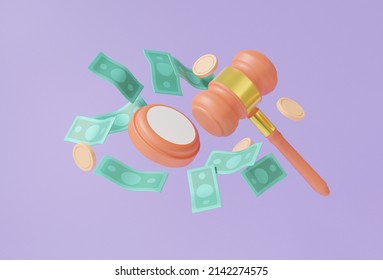 Gavel And Banknotes, Coins, Floating On Purple Background. Judge Arbitrate Courthouse Concept. Judgement Hammer. 3d Render. Illustration