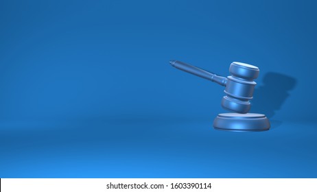 Gavel Judge. Justice Concept, Law. Stylish Minimal Abstract Horizontal Scene, Place For Text. Trendy Classic Blue Color. 3D Rendering