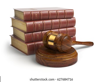 Gavel and lawyer books isolated on white. Justice, law and legal concept. 3d illustration