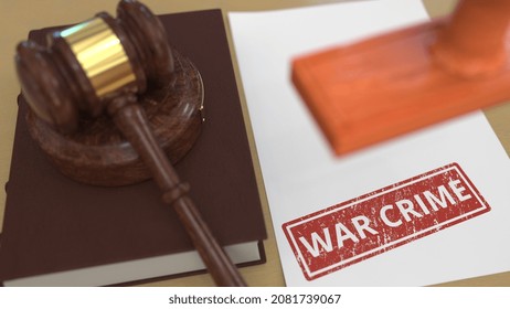 Gavel And Red War Crime Stamp On The Paper. Court Related  3D Rendering