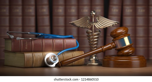 Gavel, Stethoscope And Caduceus Sign On Books Background. Mediicine Laws And Legal, Medical Jurisprudence. 3d Illustration