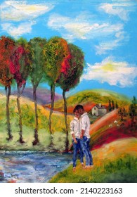 Gay Couple Kissing Men Male Kiss Impressionist Colorful Landscape Tuscany Italy Fields House Farm Countryside Watercolor Queer Art Original Oil Art Painting Impasto artwork Impressionism Art Canvas