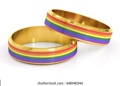 Gay Marriage Concept With Rainbow Rings, 3D Rendering